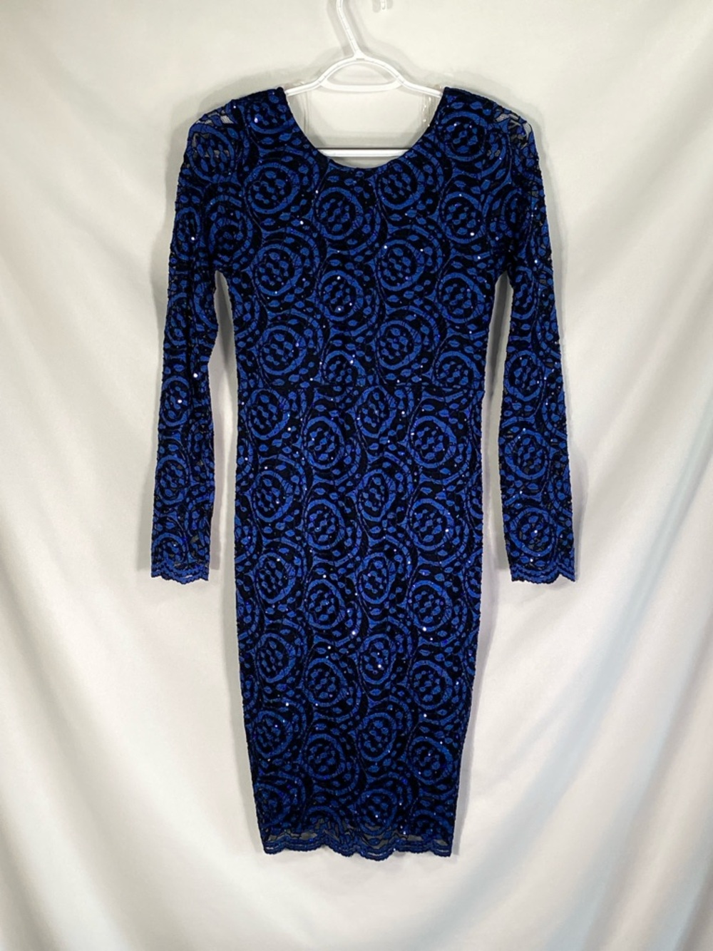 Filly Flair Royal Blue Black Lace Long Sleeve Overlay Shift Mini Dress L NWT